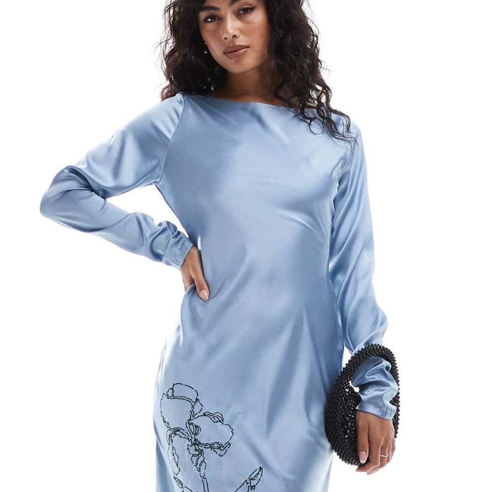 ASOS Light Blue Long Sleeve Dress with Floral Design